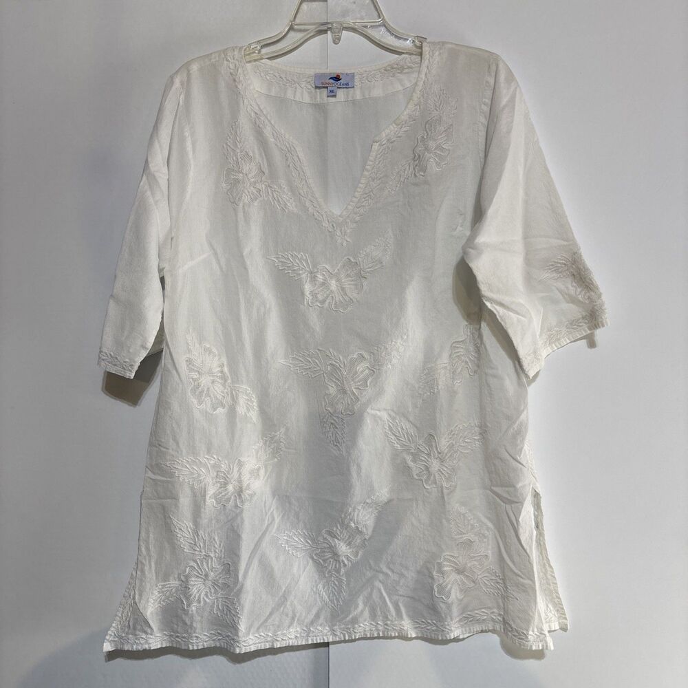 Women Sunny Ocean XL White Sheer Shirt Floral preown Chest 42" coverup Beach